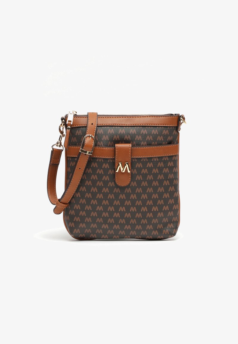 Ruda raštuota per petį nešama kuprinė su šviesiai rudos odos akcentais, reguliuojama juosta, užtrauktuku uždaroma, ir priekinis kišenė su auksiniu emblemu.