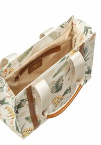 Leinen-Handtasche mit floralem Muster, hellbeige mit grünen und orangefarbenen Akzenten, Lederhenkeln und einem Reißverschluss-Innenfach.