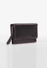 Black leather wallet with a fold-over design, zipper pocket, and embossed logo. Features smooth texture and contrasting interior color.