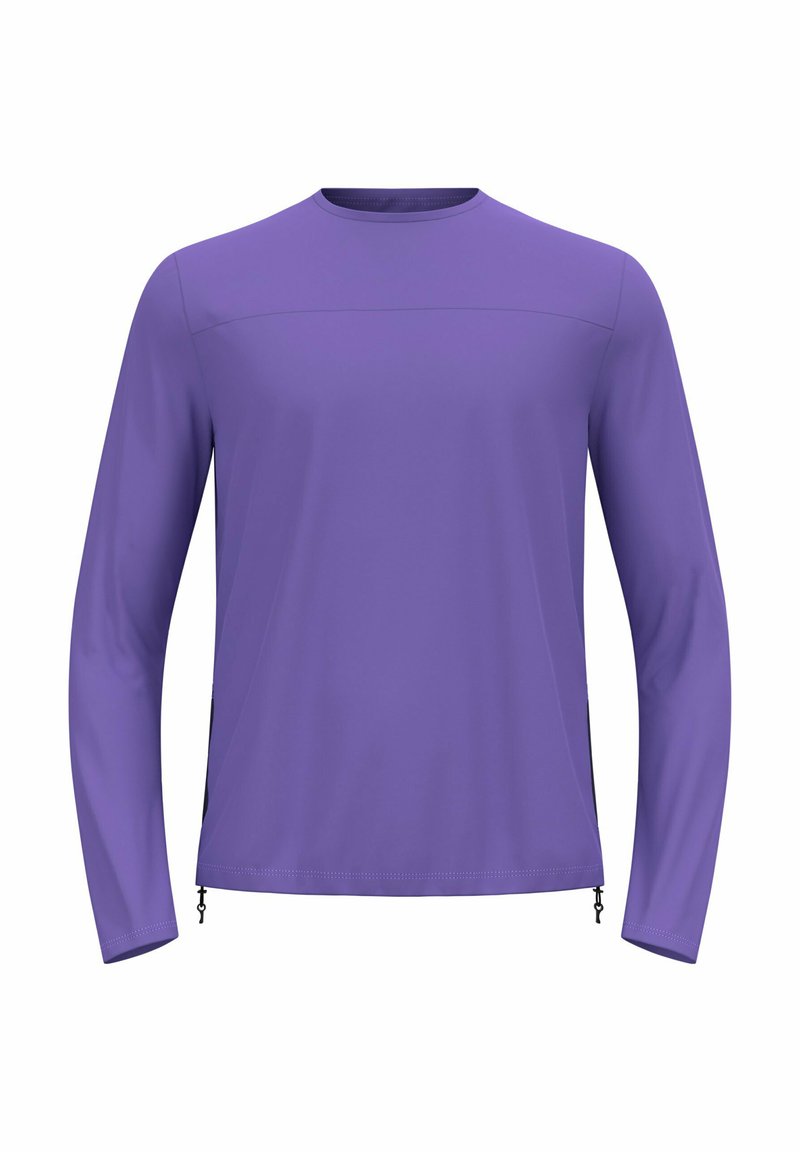 Langärmliges, lila Sportshirt mit Rundhalsausschnitt, glatter Textur, seitlichen Reißverschlüssen und minimalen Nähten für ein aerodynamisches Design.