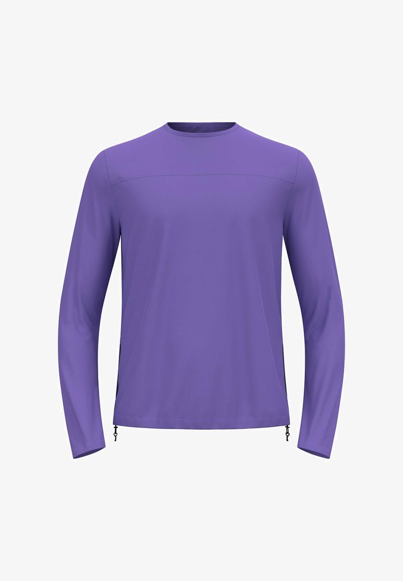 Langärmliges, lila Sportshirt mit Rundhalsausschnitt, glatter Textur, seitlichen Reißverschlüssen und minimalen Nähten für ein aerodynamisches Design.