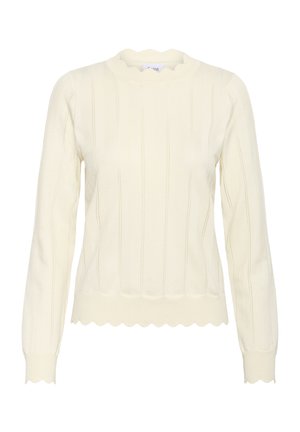 Pulover tricotat cu mânecă lungă, de culoare crem, cu dungi verticale și margini crestate la guler, manșete și tiv.