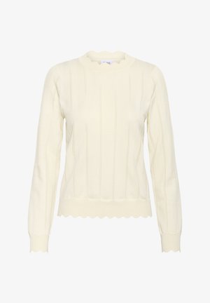 Kreem värviline pikkade varrukatega kudum, millel on vertikaalne soonik ja lainetaolised servad krae, mansettide ja hemmi ääres.