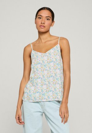 Bloemen camisole in lichtblauw, met een v-hals en dunne verstelbare verstelbare bandjes. De stof heeft een zachte, textuurachtige afwerking met pastel bloemenpatronen.