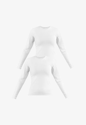Weiße Langarmshirts mit Rundhalsausschnitten, figurbetontem Schnitt, glatter Textur und dehnbarem Material. Zwei identische Shirts ausgestellt.