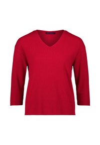 Roter gerippter Strickpullover mit V-Ausschnitt und drei Viertel langen Ärmeln. Leichter Stoff mit strukturierter Oberfläche. Markenlabel sichtbar.