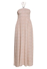 Beige maxi-klänning i lätt material. Har en smockad bodice, halterneck-knytning och subtilt blommönster över hela. Utsvängd kjoldel.