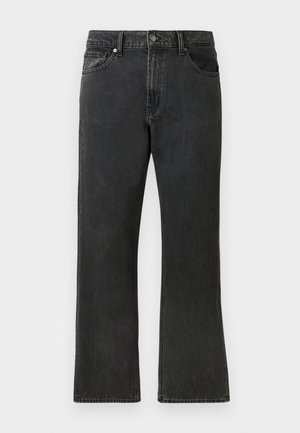 Črne jeans hlače ravnega kroja, z zmerno visokim pasom, petimi žepi in gumbom za zapiranje. Subtilna zbledela tekstura po celotni površini.