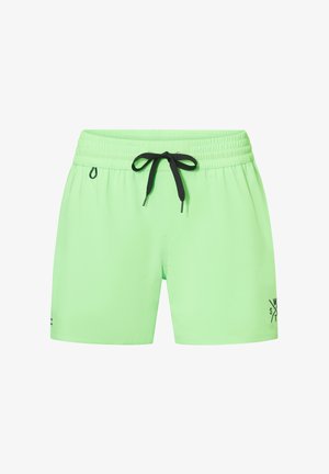 Shorts de bain vert clair avec cordon de serrage noir à la taille élastique et petit logo noir sur la jambe gauche.