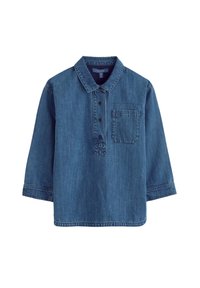 Chemise en denim avec un col à revers, manches trois-quarts, fermeture par boutons, poche poitrine gauche, de couleur bleu profond.