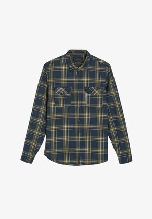 Koszula w kratę z długim rękawem w ciemnym granacie i żółtym kolorze, z dwoma przednimi kieszeniami, kołnierzykiem zapinanym na guziki oraz zaokrąglonym dołem. Wykonana z bawełny.