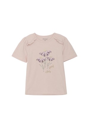 Ljusrosa bomull t-shirt med korta ärmar, volangdetaljer på axlarna och blommig grafik med texten "Good vibes" i jordnära toner.