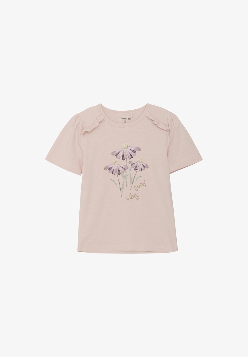Lyserød bomulds T-shirt med korte ærmer, flæser på skuldrene og blomstergrafik med teksten "Good vibes" i jordnære nuancer.
