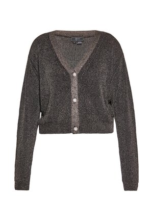 Sort metalisk cardigan med V-hals, lange ærmer, cropped design og tre knaplukninger. Har et struktureret strikkemønster.