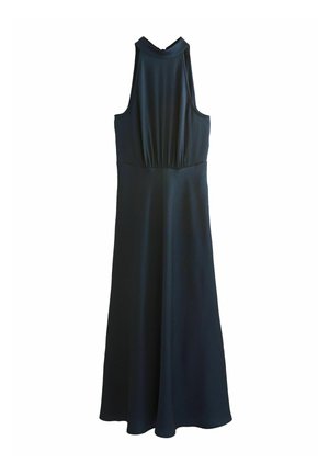Dark teal sleeveless dress with a high neckline, fitted bodice, and flowing skirt, featuring subtle texture and no visible patterns or hardware.