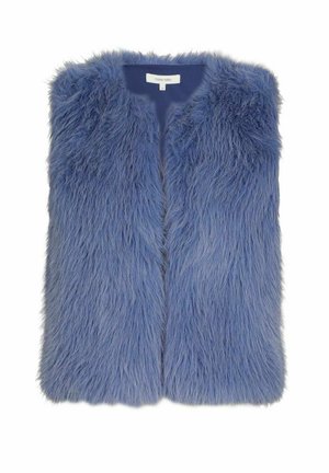 Faux fur vest in light blue, featuring a soft, textured surface, open front, and no fastenings, with a simple, rounded neckline.