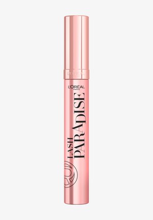 Metallisch rosa Tube der L'Oréal Paris Lash Paradise Mascara mit schwarzer Beschriftung vor weißem Hintergrund.