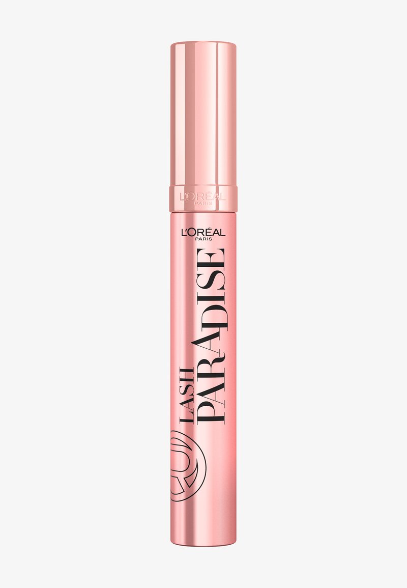 Tube métallique rose du mascara Lash Paradise de L'Oréal Paris avec un logo noir sur fond blanc.