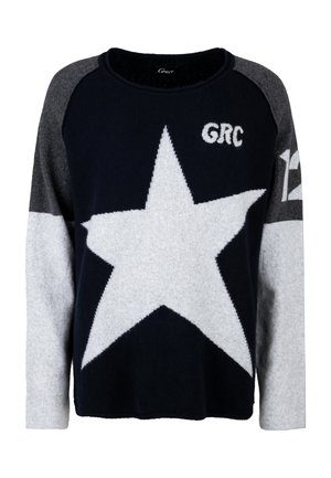 Knitted sweater in navy and gray with a large white star design, raglan sleeves, and "GRC" and "12" embroidered accents. Soft texture.