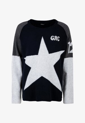 Knitted sweater in navy and gray with a large white star design, raglan sleeves, and "GRC" and "12" embroidered accents. Soft texture.