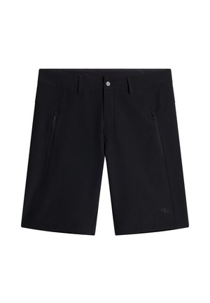 Pantaloni corti neri in tessuto leggero con due tasche laterali con zip, chiusura a bottone e un taglio moderno con un logo discreto.