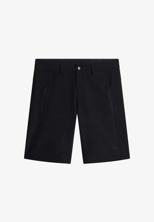 Pantaloni corti neri in tessuto leggero con due tasche laterali con zip, chiusura a bottone e un taglio moderno con un logo discreto.