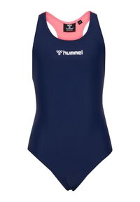 Maillot de bain une pièce bleu marine avec des accents roses, design dos nageur, comportant un logo Hummel en blanc sur la poitrine. Fabriqué en matériau lisse et extensible.
