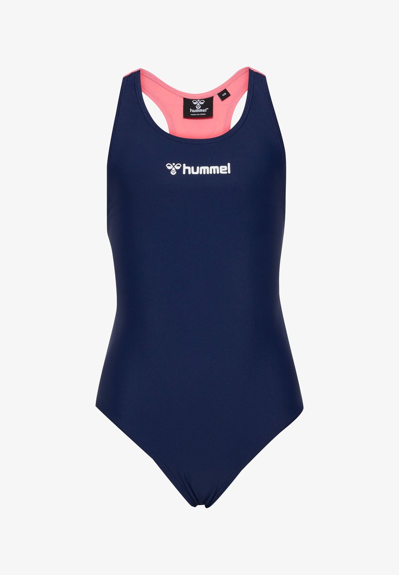 Marineblå heldragt badedragt med rosa accenter, racerback design, med et Hummel-logo i hvid på brystet. Fremstillet af blødt, strækbart materiale.