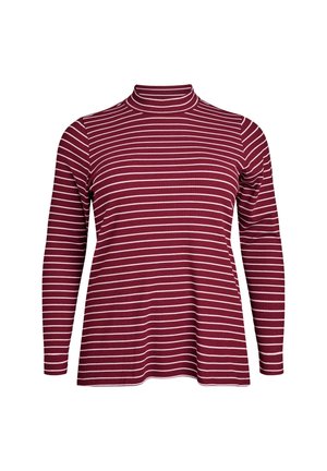 Burgundska majica dugih rukava s lažnim turtleneck-om i bijelim horizontalnim prugama; rebrasta tekstura; lepršavi rub.