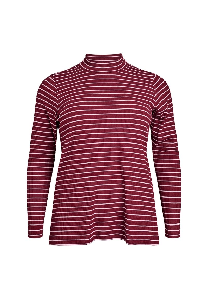 Burgundska majica dugih rukava s lažnim turtleneck-om i bijelim horizontalnim prugama; rebrasta tekstura; lepršavi rub.