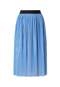 Falda midi plisada en azul claro con una cintura elástica negra. Presenta pliegues verticales y una tela fluida y texturizada.