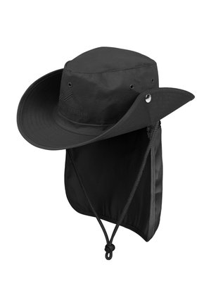 Schwarzer Outdoor-Hut mit breiter Krempe, verstellbarem Kinnriemen, Belüftungsösen und abnehmbarem Nackenflügel zum Sonnenschutz.