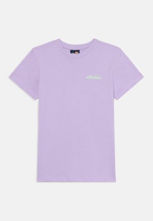 Light purple cotton t-shirt with short sleeves, crew neck, and small green logo text on the chest. Smooth texture and simple design.