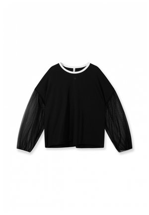 Czarna bluzka z długimi, przezroczystymi siateczkowymi rękawami, okrągłym dekoltem i białym wykończeniem kołnierzyka. Gładka tkanina i luźny krój.