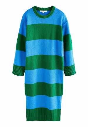 Strickkleid mit horizontalen Streifen in Blau- und Grüntönen, geripptem Halsausschnitt und Bündchen, mittellangen Ärmeln und lockerer Passform.