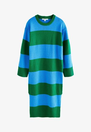 Knit dress featuring horizontal stripes in shades of blue and green, ribbed neckline and cuffs, mid-length sleeves, and relaxed fit.