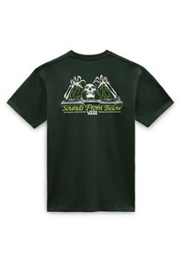 Dark green cotton T-shirt featuring a graphic of a skull with skeletal hands on turntables and the text "Sounds From Below" in yellow.