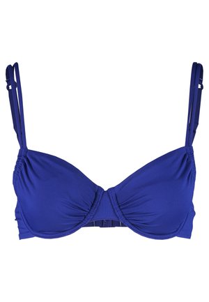 Soutien-gorge avec armatures, fabriqué en tissu lisse et extensible de couleur bleu profond. Il dispose de bretelles réglables et d'un détail central froncé.