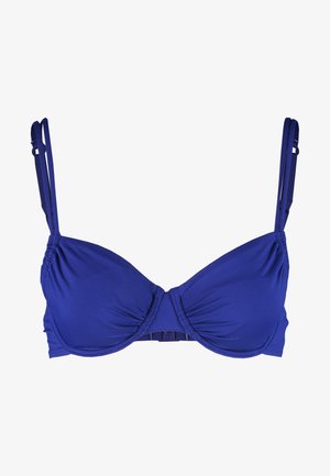 Soutien-gorge avec armatures, fabriqué en tissu lisse et extensible de couleur bleu profond. Il dispose de bretelles réglables et d'un détail central froncé.