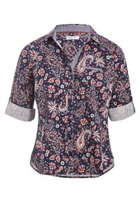 Marinblå skjorta med knappar som har ett paisleymönster i röd och vit, med korta ärmar och kontrasterande mönstrade manschetter.