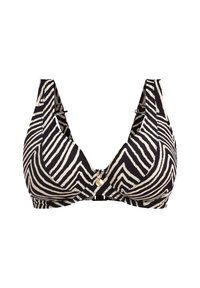 Black and cream zebra print bra with a deep V-neck, adjustable straps, gold hardware detail at the center, and a textured finish.