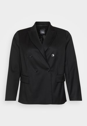 Black double-breasted blazer made from smooth fabric, featuring a notched collar, two front pockets, and round buttons.