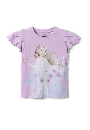 Lila meisjes T-shirt met korte mouwen en gerimpelde mouwen, met daarop Disney Frozen-personage Elsa die een witte jurk met paarse bloemen draagt.