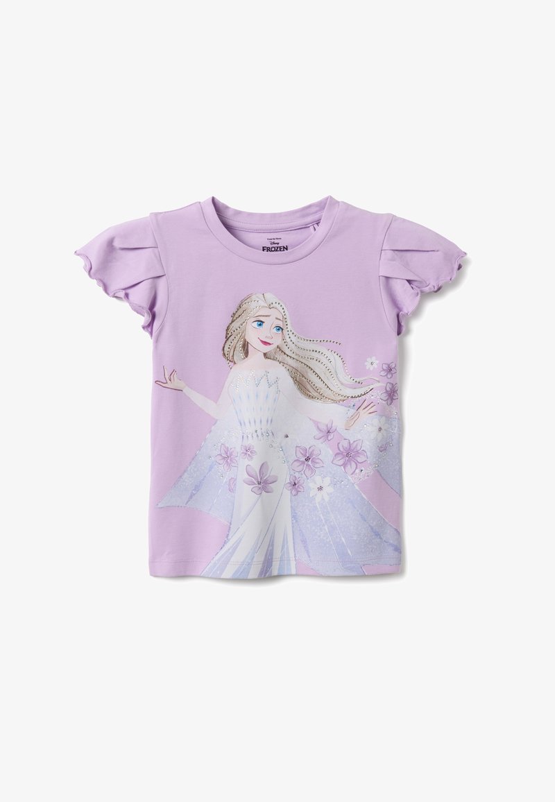 Fliederfarbenes kurzärmeliges Mädchen-T-Shirt mit Rüschensäumen, das die Disney Frozen-Figur Elsa zeigt, die ein weißes Kleid mit lila Blumen trägt.