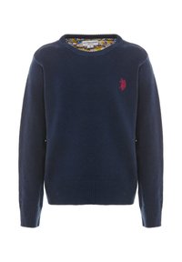 Maglione a maglia blu navy con scollo rotondo, polsini e orlo a coste, caratterizzato da un piccolo logo rosso ricamato sul petto. Fodera floreale all'interno del colletto.