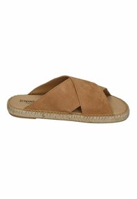 Suede slides in tan with a crossover strap design. Features a thick braided jute sole and a smooth, flat interior.