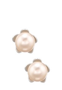 Orecchini a perla con tonalità rosa, circondati da una montatura a forma di fiore in argento. La superficie liscia e la forma arrotondata esaltano il design.