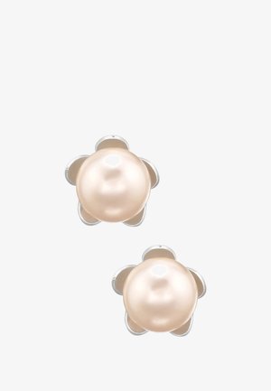 Perlenstecker mit einem rosa Farbton, umgeben von einer silbernen blütenförmigen Fassung. Die glatte Textur und die abgerundete Form betonen das Design.