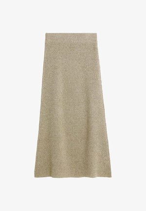 Ein knielanger Rock aus einem strukturierten, Fischgrätmuster-Stoff in einem gedämpften Beigeton. Mit einem taillierten Bund.