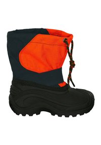 Bota de invierno negra y naranja con suela de goma, parte superior de textil, cierre con cordón elástico y puño acolchado para calor y confort.